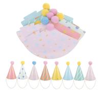 HOODANCOS Lot de 16 Chapeaux de Fête Coniques en Papier Pompons, Accessoires Décoratifs pour Anniversaire, Couleurs Vives, Tailles Variées, pour Fêtes D’garçon et Filles et Adultes