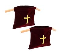 HOODANCOS Lot de 2 Paquets de Dons pour L’église en Velours Rouge Profond avec Poignées en Bois, Bourses à Offrandes Brodées de Croix pour Baptême et Collecte Religieuse, Accessoires