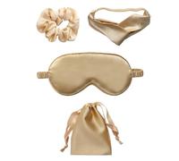 HOODANCOS Masque de Sommeil Occultant en Imitation Soie Dorée, Lot 4 Pièces Patch Polyvalent, Bandeau et Élastique à Cheveux, Masque Yeux Doux Peau, pour Voyage et Détente