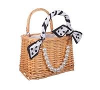 HOODANCOS Paquet Cabas en Rotin Tressé à la Main Petit Panier Carré Portable avec Anse en Fausses Perles et Ruban à Pois Panier à Fleurs pour Mariage Plage et Décoration Intérieure