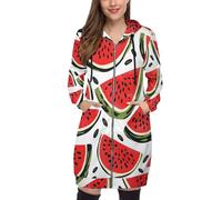 Hoodie Femme Zippé À Capuche Long - Sweat Illustration De Fruits Imprimé Mode S-5Xl,Conception De Tranches De Pastèque Veste Décontractée Avec Poches, Chaud Pour Printemps Automne,Rouge Corail