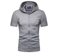 Hoodie Manches Courtes Homme Slim Fit Hoodie Manches Courtes Homme Couleur Pure T-Shirt avec Capuche Homme Fermeture Éclair Chemise Sport Homme avec Capuche A-Light Grey 3XL