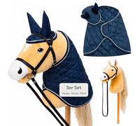 Hoofly Hobby Horse - Grand cheval de bataille pour enfants avec couverture et cagoule anti-mouches - Kit complet de loisirs avec mors et tige à vis de 35 cm - Cheval beige - Accessoires bleus