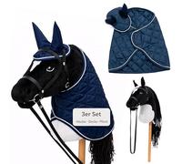 Hoofly Hobby Horse - Grand cheval de bataille pour enfants avec couverture et cagoule anti-mouches - Kit complet de loisirs avec mors et tige à vis de 35 cm - Cheval noir - Accessoires bleus