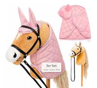 Hoofly Hobby Horse - Grand cheval de bataille pour enfants avec couverture et cagoule anti-mouches - Kit complet de loisirs avec mors et tige à vis de 35 cm - Cheval beige - Accessoires roses