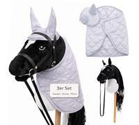 Hoofly Hobby Horse - Grand cheval de bataille pour enfants avec couverture et cagoule anti-mouches - Kit complet de loisirs avec mors et tige à vis de 35 cm - Cheval noir - Accessoires gris