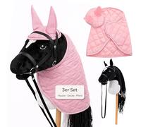 Hoofly Hobby Horse - Grand cheval de bataille pour enfants avec couverture et cagoule anti-mouches - Kit complet de loisirs avec mors et tige à vis de 35 cm - Cheval noir - Accessoires roses