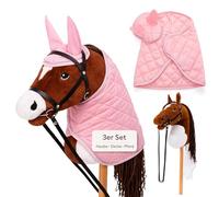 Hoofly Hobby Horse - Grand cheval de bataille pour enfants avec couverture et cagoule anti-mouches - Kit complet de loisirs avec mors et tige à vis de 35 cm - Cheval marron - Accessoires roses