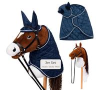 Hoofly Hobby Horse - Grand cheval de bataille pour enfants avec couverture et cagoule anti-mouches - Kit complet de loisirs avec mors et tige à vis de 35 cm - Cheval marron - Accessoires bleus