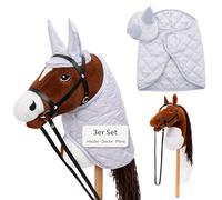 Hoofly Hobby Horse - Grand cheval de bataille pour enfants avec couverture et cagoule anti-mouches - Kit complet de loisirs avec mors et tige à vis de 35 cm - Cheval marron - Accessoires gris