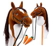 Hoofly Hobby Horse Marron (chèque) - Grand cheval de bataille pour enfants A3 avec tige à visser / Horsing Hobby Horse Ensemble de chevaux avec mors en 4 couleurs