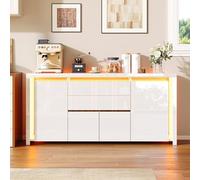 HOOGDLJ Buffet blanc brillant avec 4 portes, 2 tiroirs et éclairage LED - Armoire TV, commode - Meuble TV bas pour salle à manger, salon (blanc)