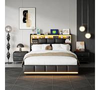 HOOGDLJ Lit capitonné, 140 x 200 cm, avec coffre de lit, lit double avec espace de rangement et sommier à lattes, hydraulique, éclairage LED et espace de rangement USB, pour adultes et adolescents