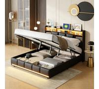 HOOGDLJ Lit capitonné, 160 x 200 cm, avec coffre de lit, lit double avec espace de rangement et sommier à lattes, hydraulique, éclairage LED et espace de rangement USB, pour adultes et adolescents