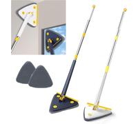 Hooha Fonction essorage 2 en 1 - Balai serpillère triangulaire avec manche télescopique - 127 cm - Raclette et 2 housses en microfibre - Pour fenêtre/verre/sol/salle de bain - Blanc