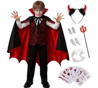 Hook Costume de vampire garçon avec col - Cape Dracula rouge noire double face avec dents de vampire, tatouages, fourche du diable et cornes de diable - Cape d'Halloween Costume Taille 90 cm