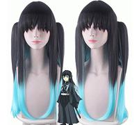 HOOLAZA Kimetsu No Yaiba Tokitou Muichirou Perruque longue droite avec 2 perruques queue de cheval 80 cm Noir et vert menthe dégradé