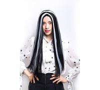 HOOLAZA Perruque de sorcière longue et droite pour femme, noire et blanche, pour Halloween, Noël, fête, cosplay