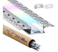 HOOLED Lot de 20 profilés LED en forme de U - 2 m - Profilés encastrés avec diffuseur pour bandes LED jusqu'à 20,2 mm - Pour plaques de plâtre, plafond, éclairage indirect