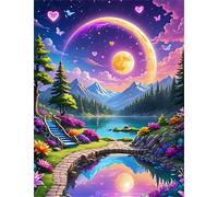 Hoonjiin Lune féerique Peinture par Numéro pour Adulte,DIY Lac Kit de peinture à l'huile sur Toile pour Débutants Avec Pinceau Pigment Acrylique,Decoration Maison 20x30cm(avec Cadre)