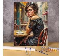 Hoonjiin Peinture par Numero Adulte avec Cadre Rue des dames,Café Bricolage Kit de peinture par numéros pour adulte débutants,Peinture Acrylique à l'huile pour Décoration Murale Maison 8x12inch