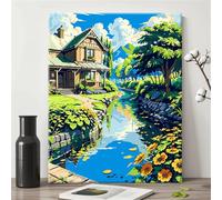 Hoonjiin Peinture par Numero Adulte sans Cadre Blockhaus,Fleuve Bricolage Kit de peinture par numéros pour adulte débutants,Peinture Acrylique à l'huile pour Décoration Murale Maison 8x12inch