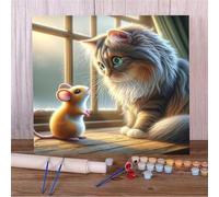 Hoonjiin Peinture par Numéros pour Adultes Chat souris DIY Kit de Peinture à l'huile sur Toile par numéro avec Pinceaux et Peintures Acryliques pour la Décoration de la maison avec Cadre - 40x40cm