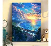 Hoonjiin Soleil côtier Peinture par Numéro pour Adulte,DIY Mer Kit de peinture à l'huile sur Toile pour Débutants Avec Pinceau Pigment Acrylique,Decoration Maison 20x30cm(sans Cadre)
