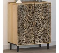 Hoopleep Armoire d'appoint 60 x 33 x 75 cm - Bois massif mangue - Motif floral sculpté à la main - Buffet robuste pour chambre à coucher, salon - Organisateur de meubles