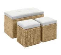 Hoopleep Banc avec 2 ottomans, en jonc de mer gris, banc rembourré avec espace de rangement pour chambre et salon, prêt à l'emploi, 75 x 38 x 46 cm