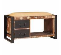 Hoopleep Banc de rangement multicolore en bois massif recyclé 80 x 35 x 40 cm, style industriel pour salon et couloir, banc de rangement robuste avec 2 tiroirs