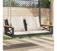 Hoopleep Banc suspendu avec coussin, noir, 109 x 62 x 40 cm, en polyrotin, résistant aux UV, fonction balançoire pour jardin et terrasse, avec coussin blanc crème