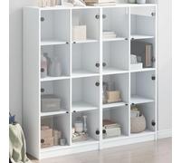 Hoopleep Bibliothèque avec portes, blanche, 136 x 37 x 142 cm, en bois dérivé du bois, 16 compartiments, espace de rangement pour livres, magazines, dossiers, meuble moderne pour chambre à coucher et
