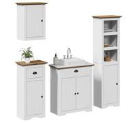 Hoopleep BODO Ensemble de 4 meubles de salle de bain en pin massif blanc/marron avec meuble sous lavabo, armoire murale, armoire haute, armoire à serviettes pour rangement de salle de bain