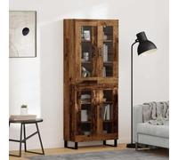 Hoopleep Buffet haut en 2 parties aspect bois vieilli et verre, 69,5 x 34 x 180 cm, armoire haute moderne pour salon et salle à manger