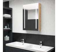 Hoopleep Cabinet miroir de salle de bain LED, finition blanc et chêne, 50 x 13 x 70 cm, vanité murale avec éclairage à intensité variable, 3 étagères de rangement, porte à fermeture douce pour petites