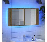 Hoopleep Cabinet miroir LED, finition chêne artisanal, 90 x 12 x 45 cm Vanité de salle de bain murale avec rangement, lumière variable, matériau dérivé du bois, design peu encombrant