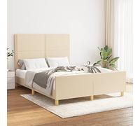 Hoopleep Cadre de lit à plateforme rembourré, crème, 140 x 200 cm, taille queen, avec tête réglable, tissu durable et lattes en bois massif, matelas non inclus