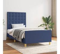 Hoopleep Cadre de lit bleu 100 x 200 cm, housse en tissu avec tête de lit réglable, cadre de lit robuste pour chambre à coucher, pieds de support en bois massif, lattes de contreplaqué, pas besoin de