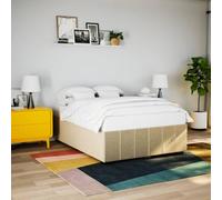 Hoopleep Cadre de lit crème sans matelas, 140 x 200 cm, en tissu rembourré, avec sommier à lattes, pieds en plastique renforcé, bois de pin massif, cadre de lit queen size stable, pour chambre à