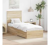 Hoopleep Cadre de lit de rangement moderne en chêne Sonoma, argenté, 75 x 190 cm, bois d'ingénierie durable, avec tête multifonctionnelle, 2 tiroirs, pour petits appartements, économie d'espace