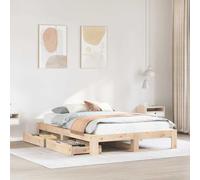 Hoopleep Cadre de lit en bois de pin massif 140 x 190 cm avec sommier à lattes et 2 tiroirs, lit en bois robuste pour chambre à coucher, cadre de lit Queen Size non traité pour un sommeil réparateur