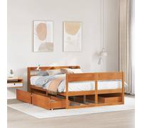 Hoopleep Cadre de lit en bois de pin massif avec rangement, marron cire, 140 x 190 cm, lit queen size avec tête et 4 tiroirs, sans mat, lattes durables pour chambre à coucher