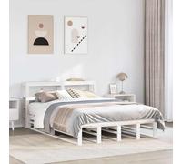 Hoopleep Cadre de lit en bois de pin massif blanc 135 x 190 cm avec tête de rangement, lit queen size, lattes durables pour un soutien optimal du matelas, pas besoin de boîte à ressort