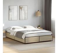 Hoopleep Cadre de lit en chêne Sonoma, 135 x 190 cm, lit queen size, construction durable en bois et métal avec lattes en lywood pour un soutien amélioré du matelas, pas besoin de boîte à ressort
