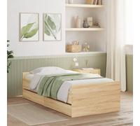 Hoopleep Cadre de lit en chêne Sonoma, 75 x 190 cm, petit lit à plate-forme simple, bois d'ingénierie durable avec 2 tiroirs de rangement, lattes en bois pliées robustes, design moderne pour chambre à