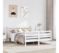 Hoopleep Cadre de lit Queen en bois de pin massif blanc avec tête, 150 x 200 cm, base de matelas plate-forme, étagères de rangement, lattes robustes, pas besoin de boîte à ressort, meubles de chambre