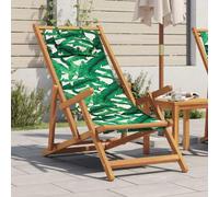 Hoopleep Chaise de plage pliable, motif feuilles, bois massif d'eucalyptus, tissu vert, réglable, chaise longue de jardin extérieur, charge maximale 110 kg