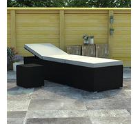 Hoopleep Chaise longue avec coussin et table basse en polyrotin noir, réglable, résistante aux intempéries, pour jardin, terrasse, balcon, 195 x 61,5 x 33 cm