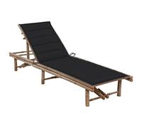 Hoopleep Chaise longue de jardin en bambou réglable, 200 x 65 cm, avec coussin noir confortable, idéale pour l'extérieur, la terrasse, la plage et la piscine, longue durée de vie